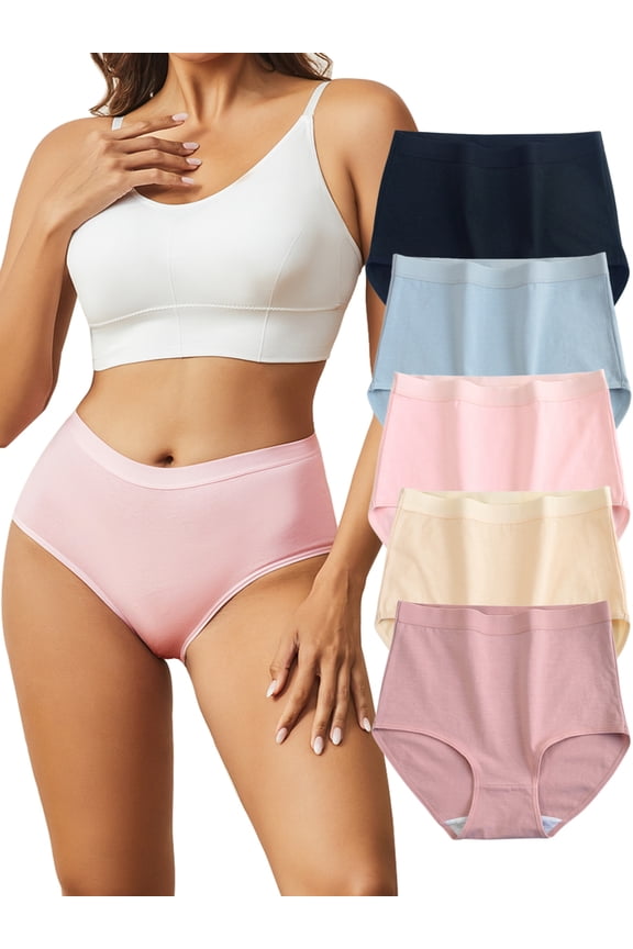 Womens Cotton Underwear High Waist Full Coverage Briefs Tummy Control Panties Stretch Underpants 5 Pack, Size 8