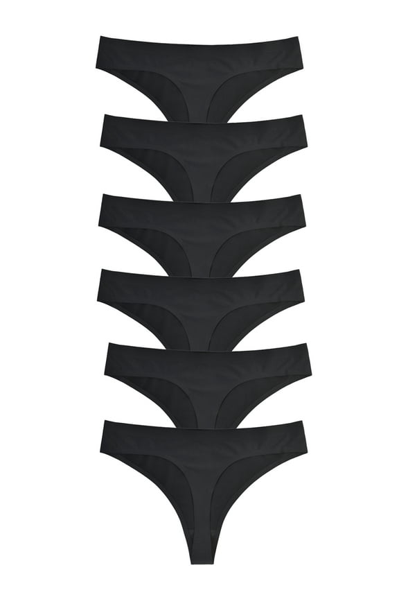 Womens Mid-Rise Seamless Thongs Comfy Ladies Underwear G-Strings Panties,6-Pack,Black,Size 8