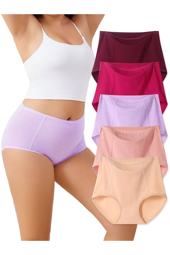 Womens High Waisted Underwear Cotton Full Coverage Ladies Panties Stretch Underpants 5 Pack, Size 10