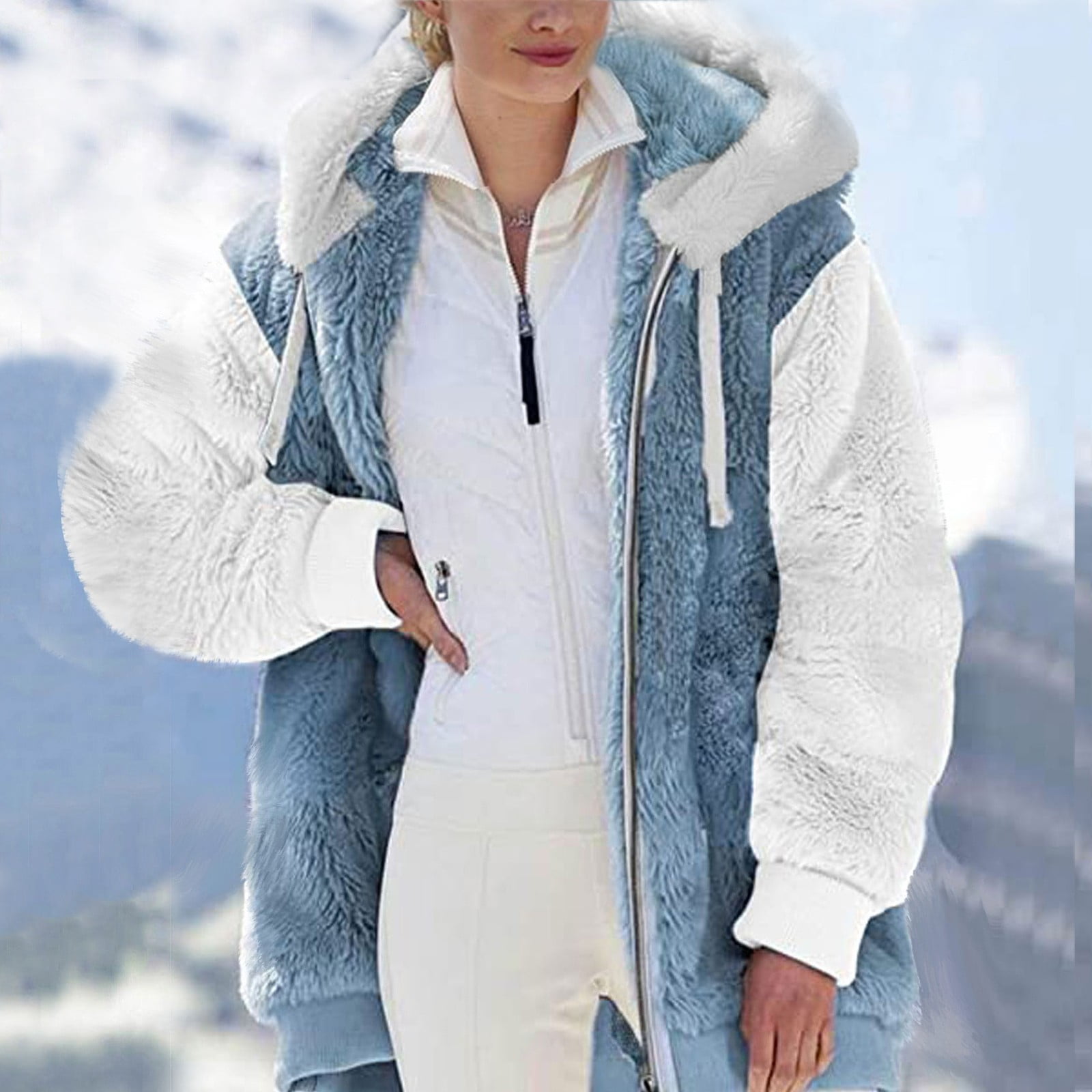 Gabardinas Para Mujer Elegantes, Womens Faux Shearling Coat Winter Warm  Hooded Jackets Fashion Color Block Zip Up Fuzzy Winter Outwear with Pockets  Puffer Jacket Women 