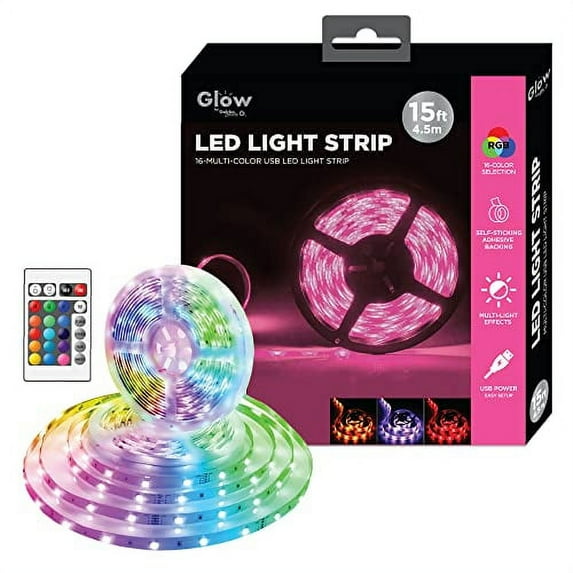 Gabba Goods Glow LED Strip Lights for Bedroom Kitchen DIY Projects Color Changing with Remote Control 15 Foot (Multi (RBG), 15 ft)