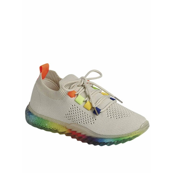 Gabby Rainbow Sole Knit Sock Stretch Elastic Mesh Slip On Fashion Sneaker (Beige, 7)