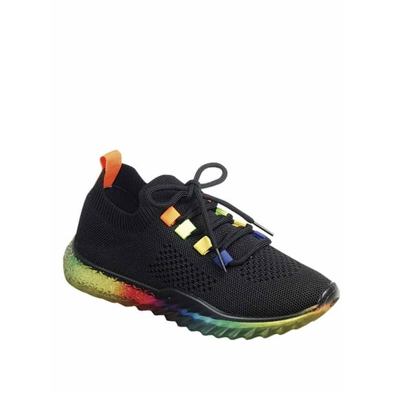 Gabby Rainbow Sole Knit Sock Stretch Elastic Mesh Slip On Fashion Sneaker (Black, 7)