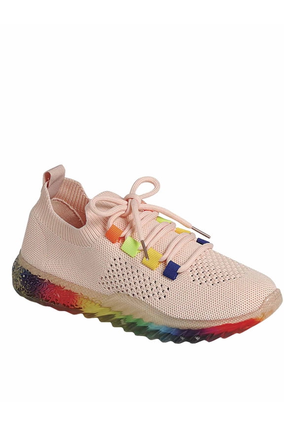 Gabby Rainbow Sole Knit Sock Stretch Elastic Mesh Slip On Fashion Sneaker (Pink, 5)