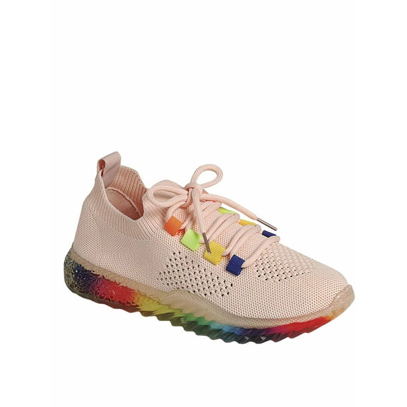 Gabby Rainbow Sole Knit Sock Stretch Elastic Mesh Slip On Fashion Sneaker (Pink, 7.5)