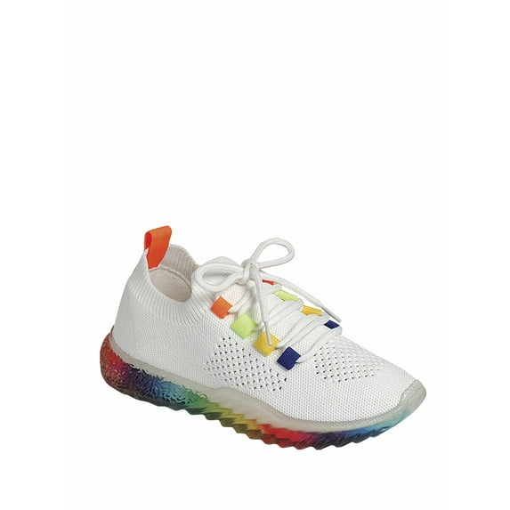 Gabby Rainbow Sole Knit Sock Stretch Elastic Mesh Slip On Fashion Sneaker ( White, 9)