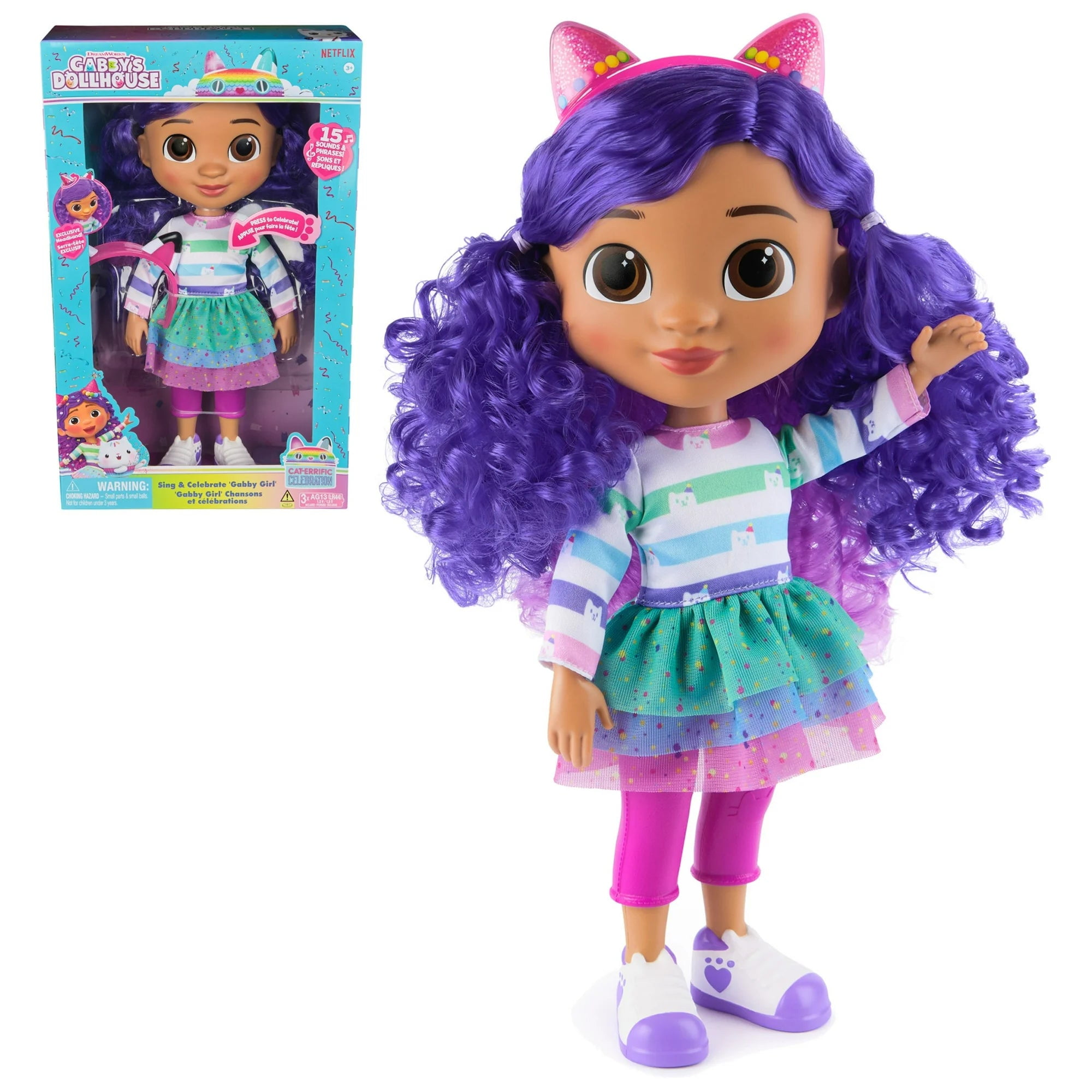 Gabbys Dollhouse Sing & Celebrate Gabby Girl Doll 13-Inch Talking Doll with Music Reversible Cat Ears & Celebrations Outfit Kids Toy for Ages 3+