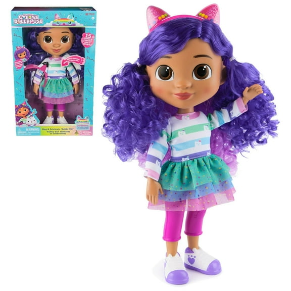 Gabbys Dollhouse Sing & Celebrate Gabby Girl Doll 13-Inch Talking Doll with Music Reversible Cat Ears & Celebrations Outfit Kids Toy for Ages 3+
