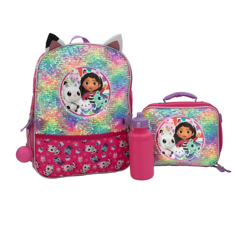 Gabby's Doll House 4 Piece Backpack Set, Flip Sequin School Bag for Girls  with Front Zip Pocket , Foam Mesh Side Pockets, Insulated Lunch Box, Water  Bottle, & Squish Ball Dangle, Pink 