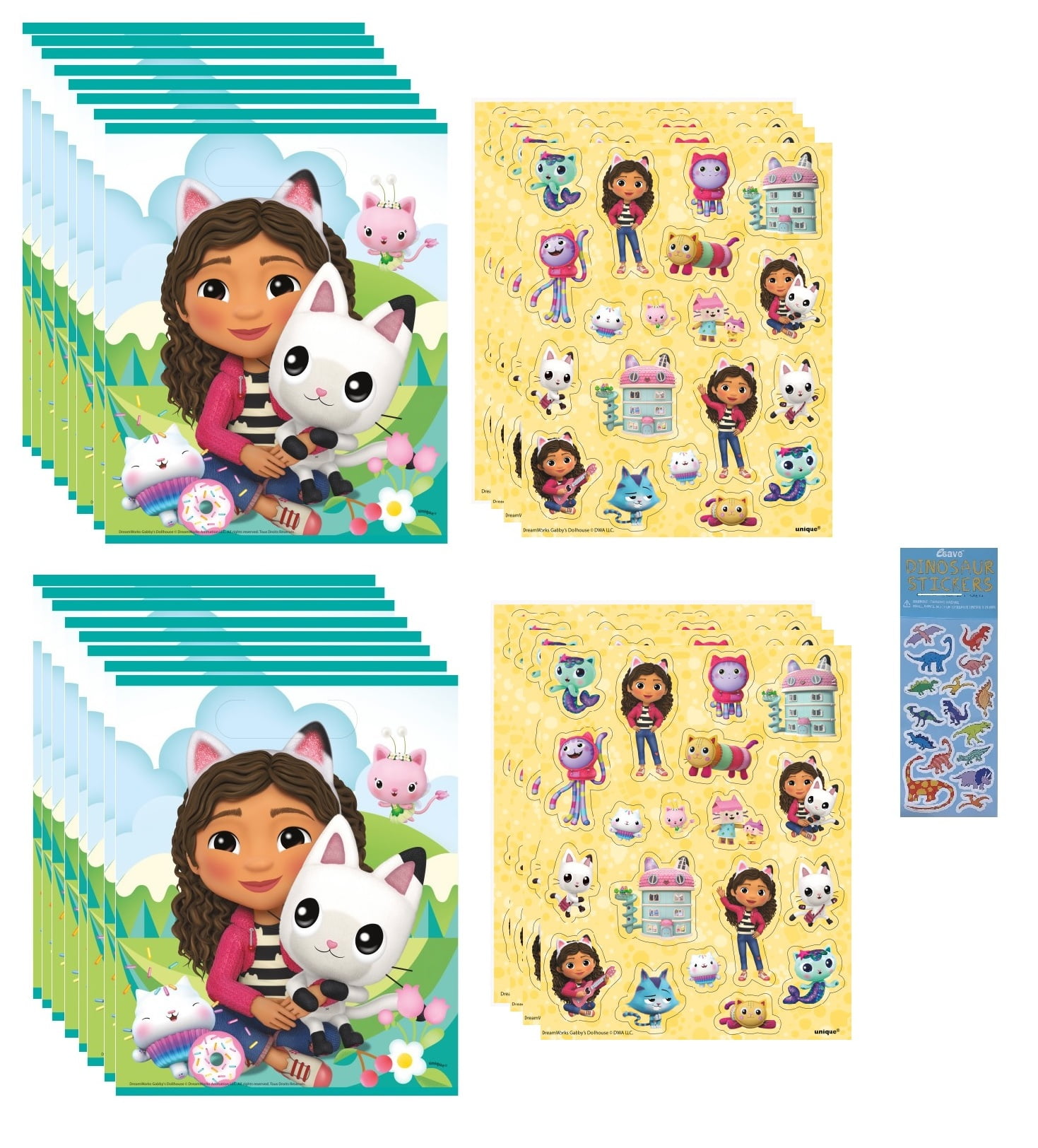 Gabby's Dollhouse Birthday Party Supplies Favor Bundle Includes 16 Loot Bags, 8 Sticker Sheets with 152 Stickers, 1 Dinosaur Sticker Sheet