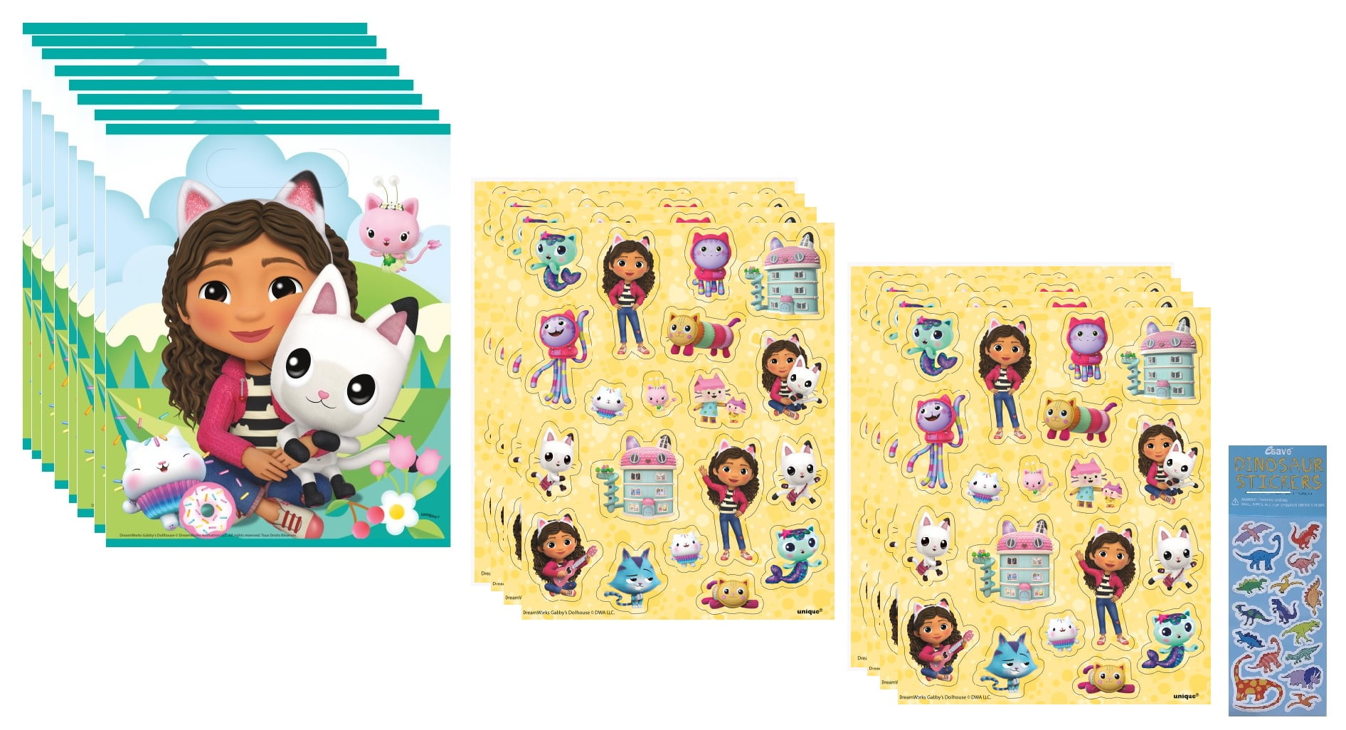 Gabby's Dollhouse Birthday Party Supplies Favor Bundle Pack includes 8 Loot Bags, 8 Sticker Sheets with 152 Stickers, 1 Dinosaur Sticker Sheet