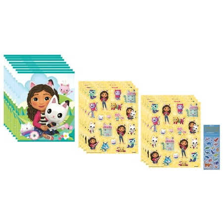 Gabby's Dollhouse Birthday Party Supplies Favor Bundle Pack includes 8 Loot Bags, 8 Sticker Sheets with 152 Stickers, 1 Dinosaur Sticker Sheet