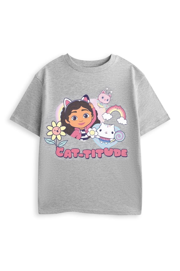 Cat-titude Girls Grey Marl Short Sleeved T-Shirt | 3-4 Years | Made by Vanilla Underground
