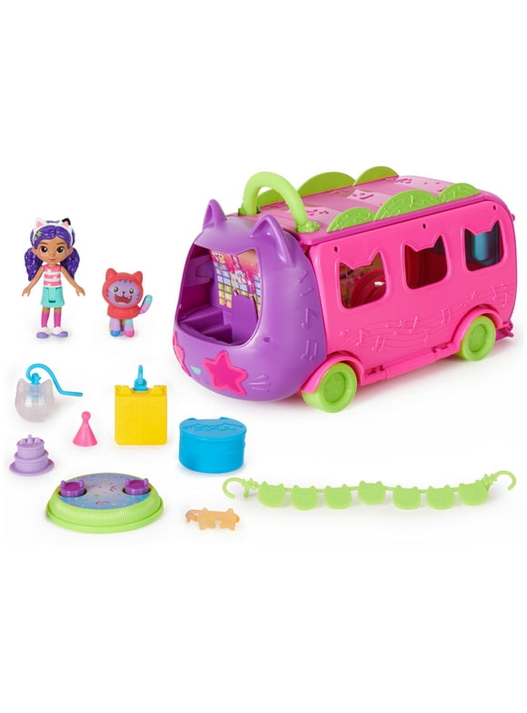 Gabby’s Dollhouse Celebration Party Bus Playset with Gabby & DJ Catnip Toy Figures