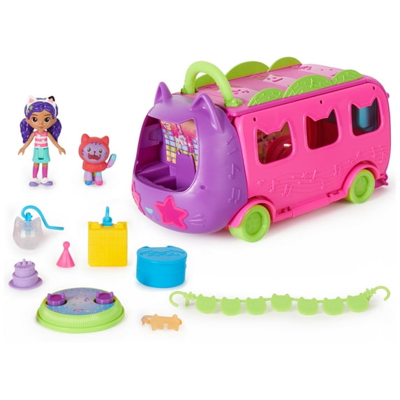 Gabby’s Dollhouse, Celebration Party Bus Transforming Vehicle Playset with Gabby & DJ Catnip Toy Figures