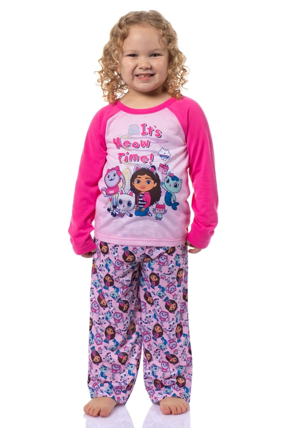 Gabby's Dollhouse It's Meow Time Toddler Girl's Raglan 2-Piece Long Sleeve and Long PJ Pant Pajama Set