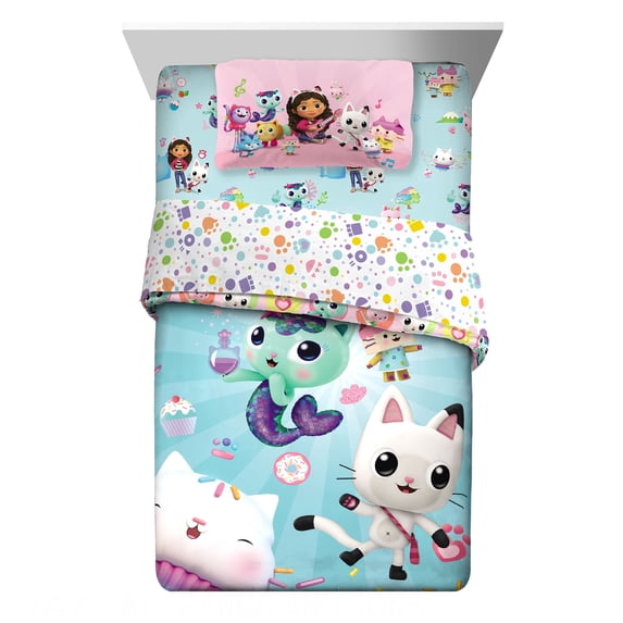 Gabby's Dollhouse Kids 4 Piece Teal Blue White Reversible Comforter, Bed in a Bag, Twin