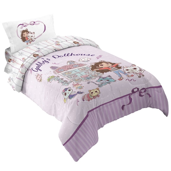 Gabby's Dollhouse Kids Purple 4 Piece Reversible Comforter, Bed in a Bag, Twin