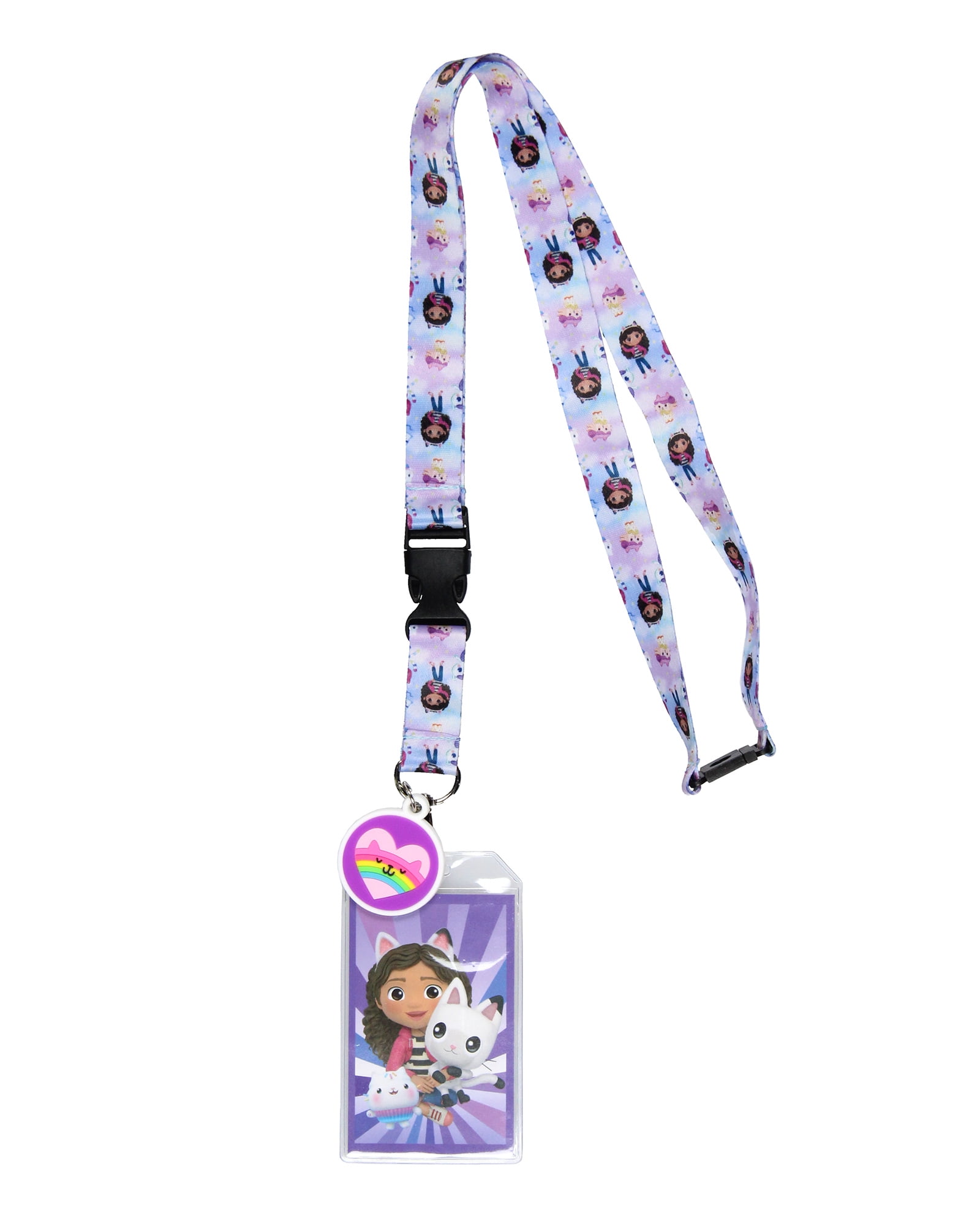 SEVEN TIMES SIX Gabby's Dollhouse Lanyard Badge Holder Character Design Strap With Card and 2" Rubber Rainbow Cat Pendant
