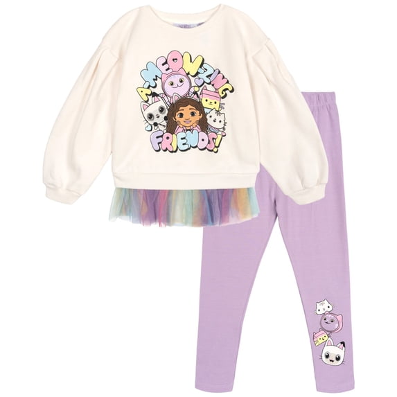 Gabby's Dollhouse Little Girls' 2-Piece Fleece Sweatshirt and Leggings Set Ivory Light Purple