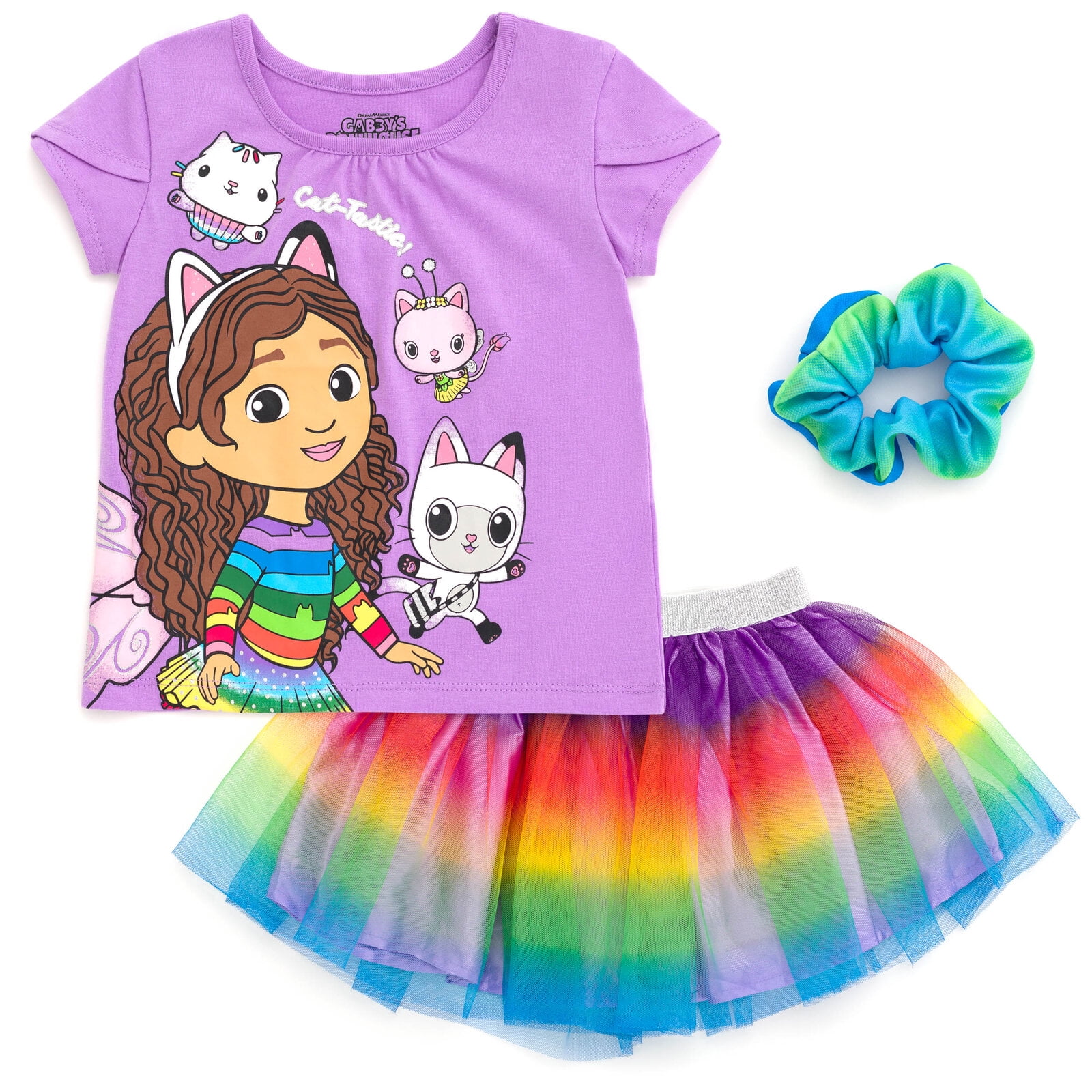 Gabby's Dollhouse Pandy Paws Cakey Cat Kitty Fairy Toddler Girls T-Shirt  Mesh Skirt Scrunchie 3 Pc Set Purple Rainbow 3T 