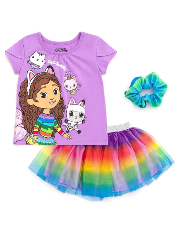 Toddler Girls' T-Shirt and Tutu Skirt Set with Scrunchie Purple Rainbow Ombre