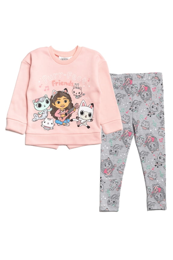 Gabby's Dollhouse Pandy Paws Cakey Cat MerCat Little Girls Pullover Fleece Sweatshirt & Leggings Outfit Grey / Pink 7-8