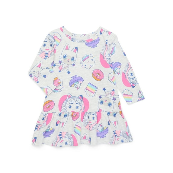Gabby's Dollhouse Toddler Girl Long Sleeve Drop Waist All Over Print Dress, Sizes 12M-5T