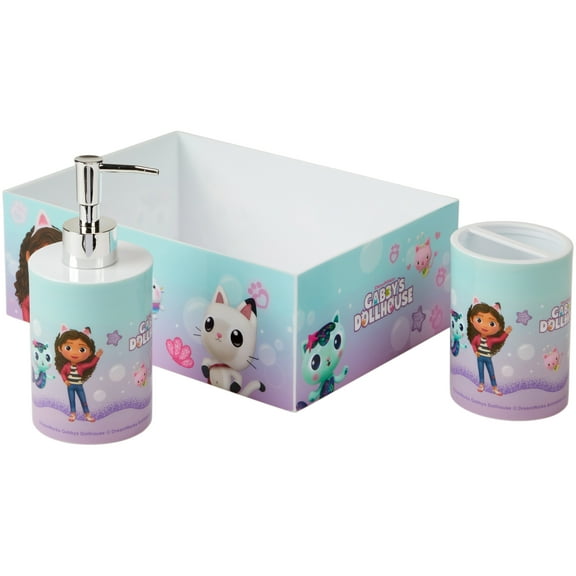 Gabby's Dollhouse 3-Piece Bathroom Accessory Set, Toothbrush Holder, Soap Pump, Storage Bin