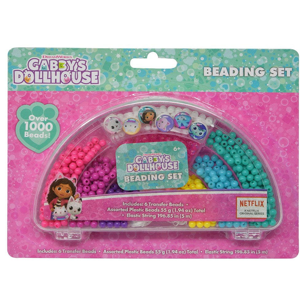 Gabbys Dollhouse Bead Set- 6 TRANSFER BEADS, ASSORTED PLASTIC BEADS, ELASTIC STRING