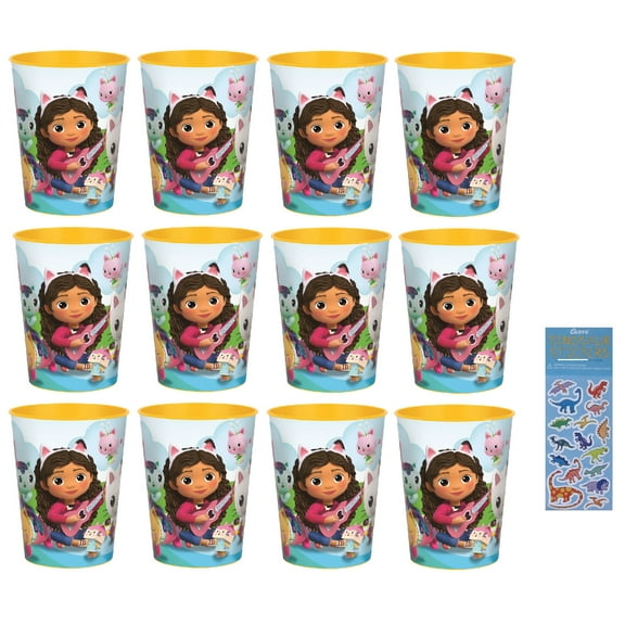 Gabbys Dollhouse Birthday Party Supplies Reusable Plastic Cups Bundle with Sticker, 12 Count