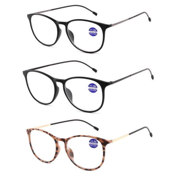 Gabii TR1676B 4-Pack +2.50 Lightweight Round Blue Light Blocking Reading Glasses — TR90 Frame With Metal Temples, Unisex