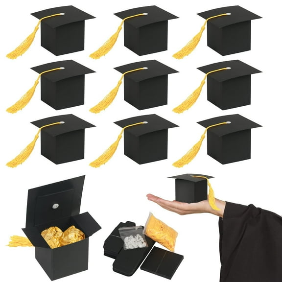 Gable Boxes for Party Favors, Graduation Cap Decorations, Small Graduation Cap, 3X3 In, Small Gift Boxes, Black Gift Boxes, Gold Decorations for Party, Party Decorations, 30 Pc