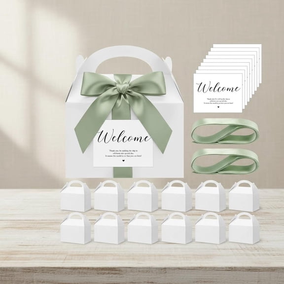 Gable Boxes with Ribbon and Label Wedding Gift Boxes for Guests Large Paper Welcome Bags for Bridal Shower Party Favors(Sage Green)
