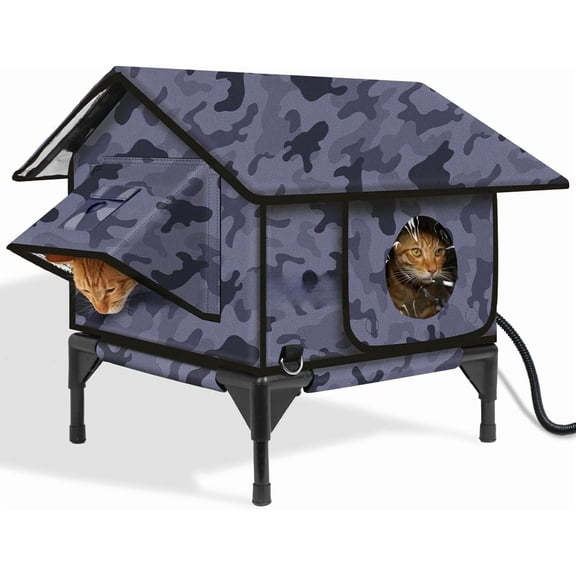 Gable Heated House for Outside Cats in Winter, , Escape Door, Elevated, Insulated Outdoor House Shelter with Heater for Feral (Camo Black, 16"x16"x19")