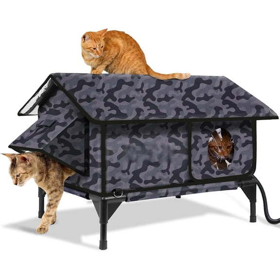 Gable Heated  House for Outside Cats in Winter,  , Escape Door, Elevated, Insulated Outdoor  House Shelter with Heater for Feral  (Camo Black, 24"x16"x19")