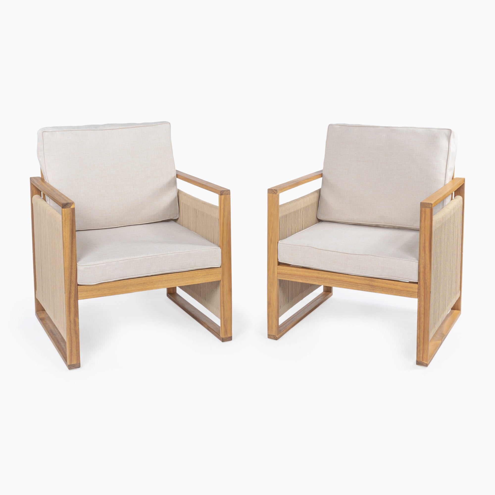 Beige Acacia Wood Outdoor Club Chairs with Cushions, Set of 2