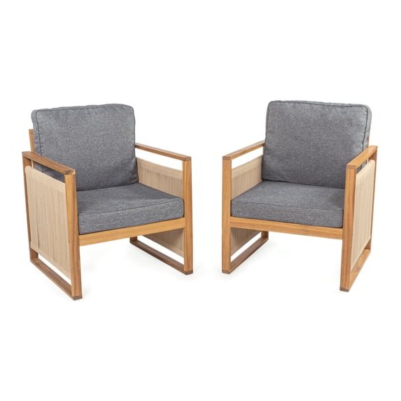 Gable Mid-Century Modern Roped Acacia Wood Outdoor Patio Chair with Cushions, Gray/Teak Brown (Set of 2)