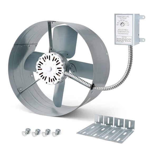 Gable Mount Power Attic Fan with Adjustable Thermostat, 15 Inch Attic Exhaust Fan, 1300 CFM, 1075 RPM, 3.4 Amp