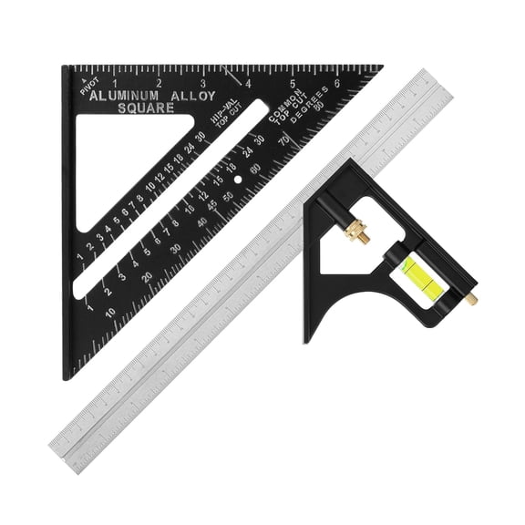 .- Gable and combination ruler tool set, black, 7-inch ruler, 12-inch aluminum carpenter's ruler, picture frame ruler, ruler, carpenter's ruler, combination ruler, 7-inch