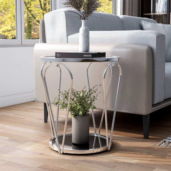 Gables 1-Shelf Metal Round End Table, Chrome and Clear