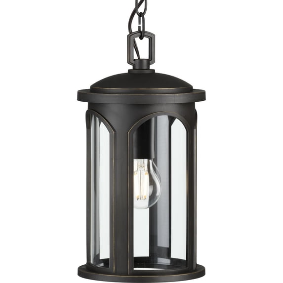 Gables Collection One-Light Antique Bronze and Clear Glass Transitional Style Outdoor Hanging Pendant Lantern with DURASHIELD