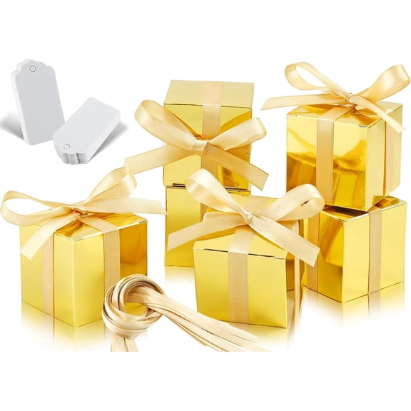 100 Pack Small Gift Boxes with Ribbon, 2x2x2 Mini Paper Gift Favor Boxes, Gold Cardboard Box with Lids, Mini Shipping Box for Gifts Graduation Birthday