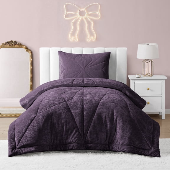 Haven & Willow Gabriel 2-Piece Reversible Crushed Velvet Geometric Quilted Comforter Set, Aubergine, Twin