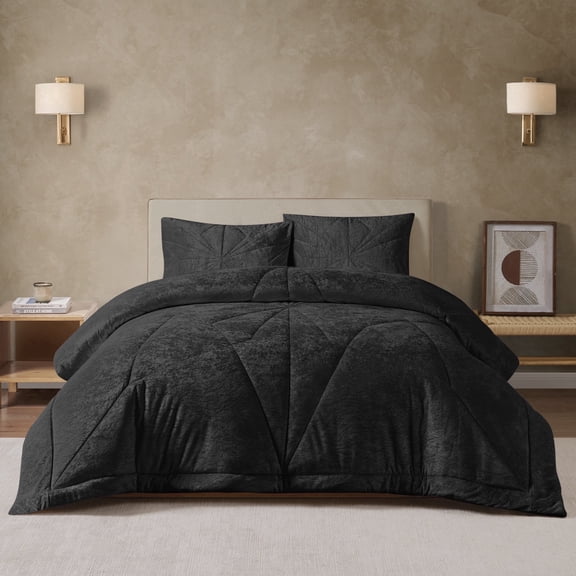 Haven & Willow Gabriel 3-Piece Reversible Crushed Velvet Geometric Quilted Comforter Set, Black, Full/Queen