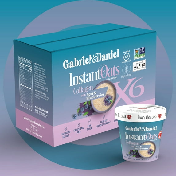 Gabriel & Daniel Daniel Organic Instant Oatmeal with Blueberries, Acai & Collagen, 6 Pack