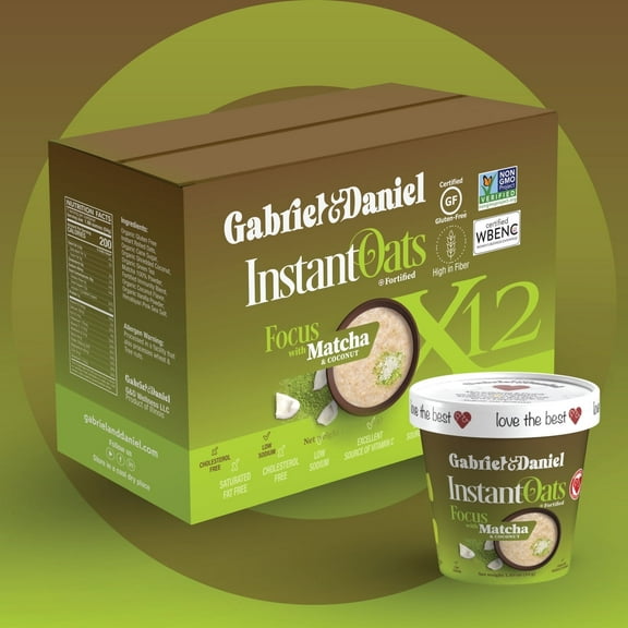 Gabriel & Daniel Organic Instant Oatmeal with Matcha & Coconut, Superfood cup 12 Pack
