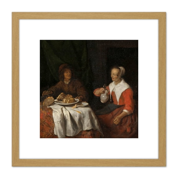 Gabriel Metsu Man And Woman At A Meal Painting 8X8 Inch Square Wooden Framed Wall Art Print Picture with Mount