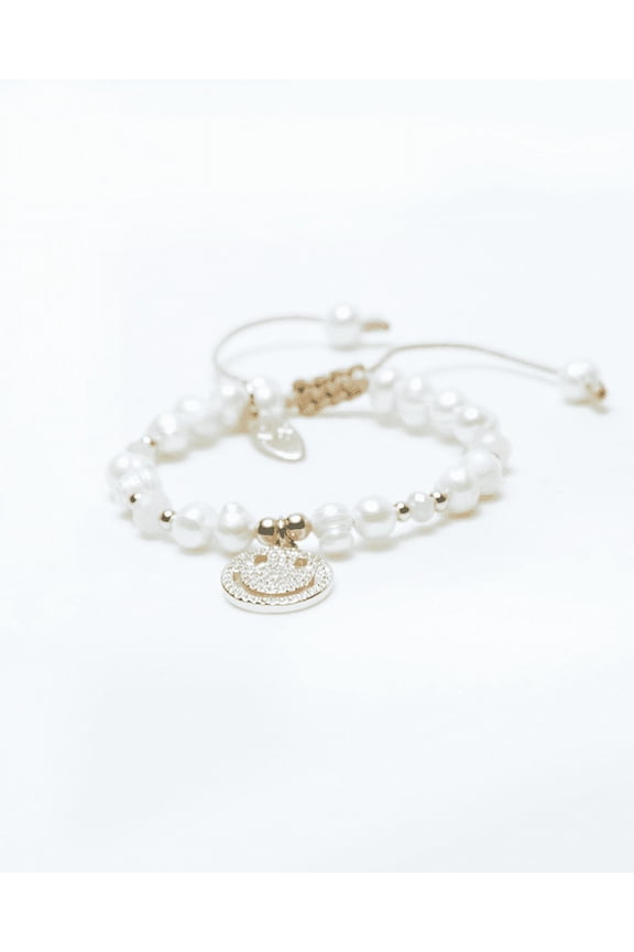Gabriella Adjustable Bracelet in Freshwater Pearl with Baby Blue and Pink Crystals and Gold Plated Beads Featuring Gold-Plated Zirconia Encrusted Smiley Face