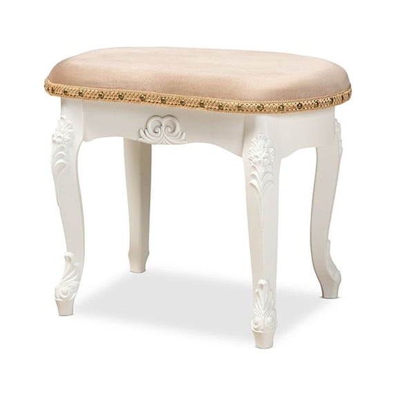 Gabrielle Traditional French Country Provincial Sand Velvet Fabric Upholstered Wood Vanity Ottoman